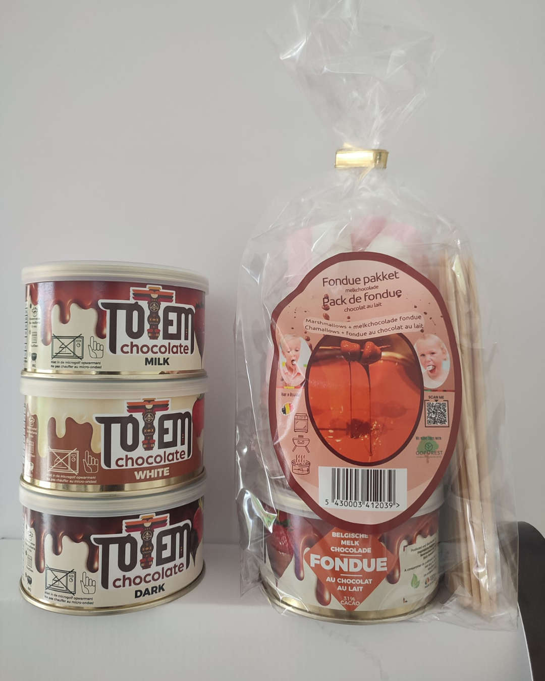 Totem Sample Package - 3 cans (milk, white, dark) + Fondue package (marshmallows, Totem milk, skewers)